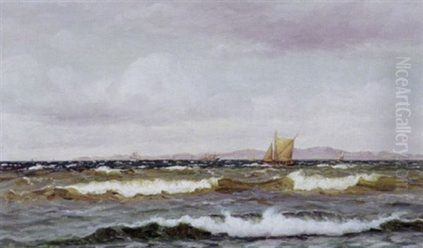 Fiskerbade I Sundet, I Baggrunden Den Svenske Kyst Oil Painting by Holger Luebbers