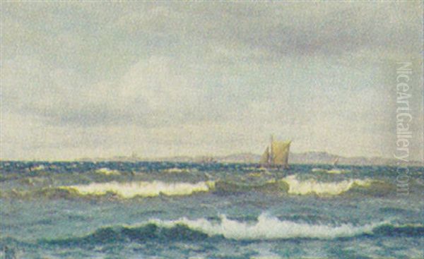 Marine Med Sejlskibe Og Damper Pa Havet Udfor Kyst Oil Painting by Holger Luebbers