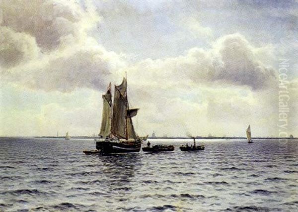 Marine Med Sejlskibe Og Bade, Kobenhavn I Horisonten Oil Painting by Holger Luebbers