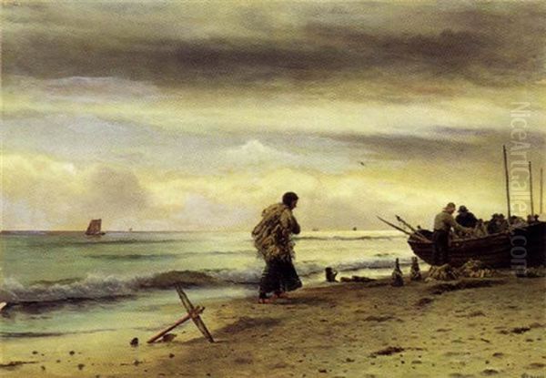 Fiskere Ordner Deres Fangst I Strandkanten Oil Painting by Holger Luebbers