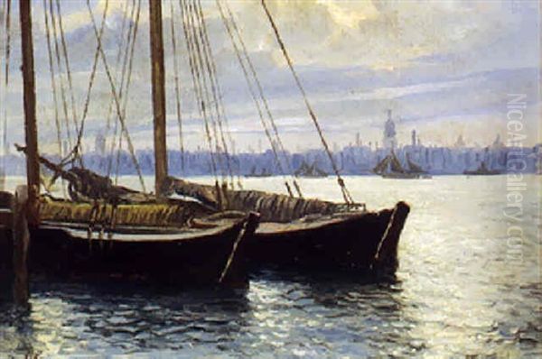 Opankrede Skibe I Havnen (hamburg?) Oil Painting by Holger Luebbers