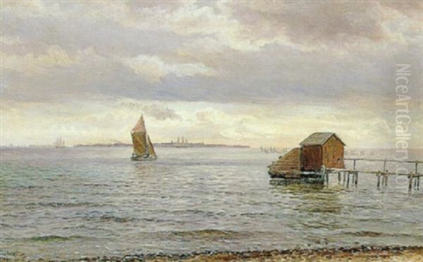 Dansk Kystparti Med Badehus Og Sejlskibe Oil Painting by Holger Luebbers