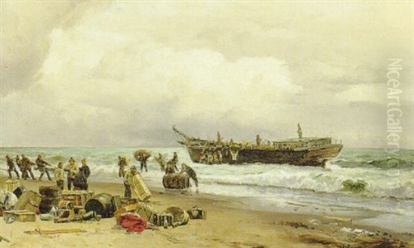 Bjergning Af En Strandet Bark Pa Jyllands Vestkyst Oil Painting by Holger Luebbers