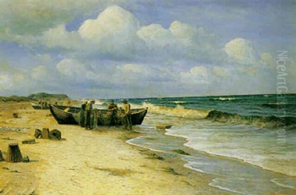 Fiskere Der Ordner Garn Pa Stranden Ved De Optrukne Bade Oil Painting by Holger Luebbers