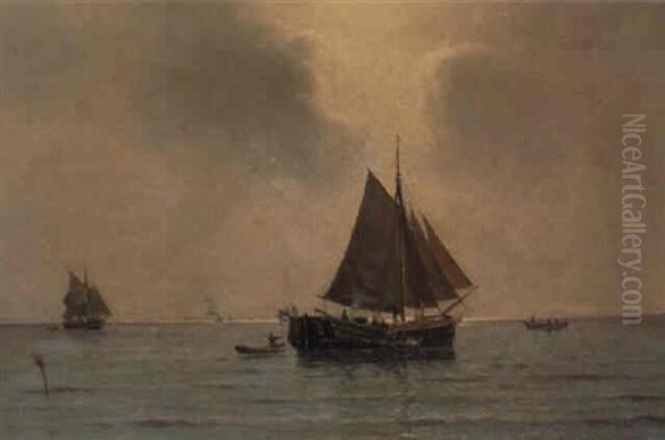 Marine Med Fiskerbade Og Dampskib Oil Painting by Holger Luebbers