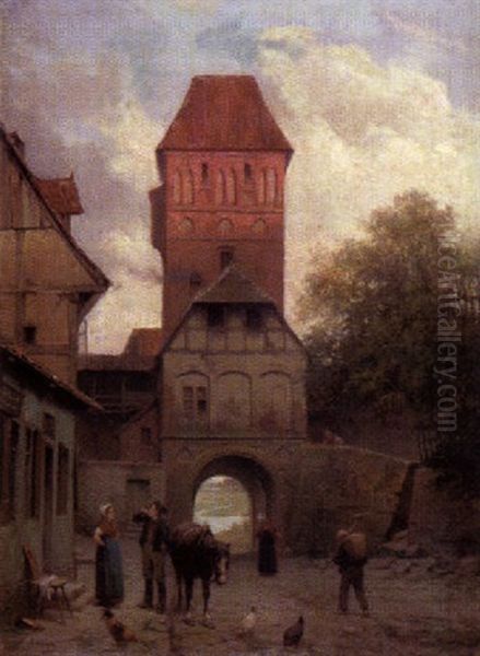 Vor Dem Stadttor Reicht Die Bauerin Dem Reiter Einen Erfrischungstrunk Oil Painting by Adolf Luben