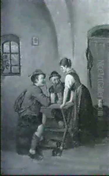 Schankmagd Mit Zwei Gasten In Der Wirtsstube Oil Painting by Adolf Luben