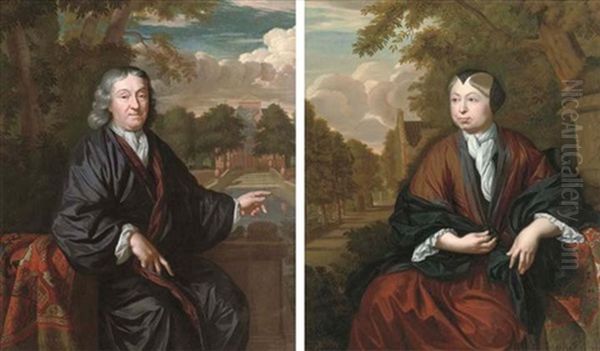 Portrait Of A Gentleman In A Dark Robe And A White Chemise, Seated On A Balcony, A Country House Beyond (+ Portrait Of A Lady In A Brown Robe, A White Chemise And A Black Wrap And Headdress; Pair) Oil Painting by Christoffel Lubieniecki