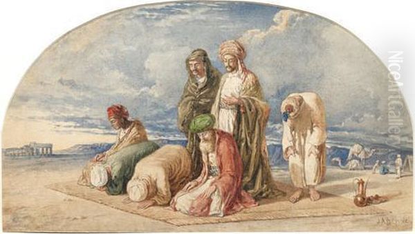 A Group Of Arabs At Prayer, With Distant Camels Oil Painting by Joseph-Austin Benwell