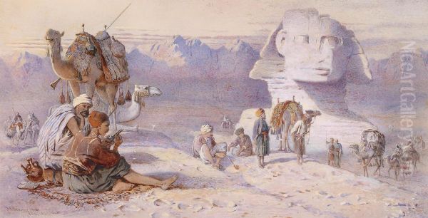 Group Restingbeside The Large Sphinx In Giza Oil Painting by Joseph-Austin Benwell