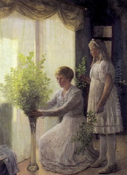 Interior Med Mor Og Datter, Der Saetter Blomster I Vand Oil Painting by John Leopold Luebschitz