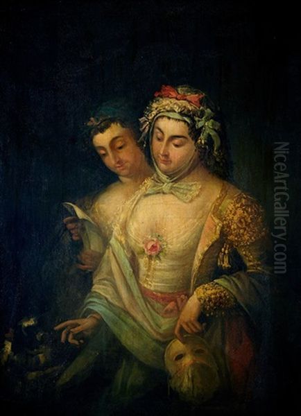 Escena De Carnaval: Dos Majas Con Un Perrito Oil Painting by Eugenio Lucas Velazquez