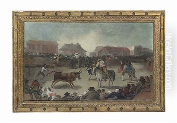 Bullfight In A Small Town Oil Painting by Eugenio Lucas Velazquez