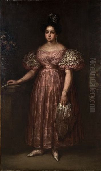 Ritratto Di Nobildonna In Piedi, A Figura Intera, Con Abito Rosa E Ventaglio In Mano Oil Painting by Eugenio Lucas Velazquez