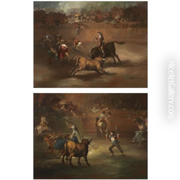 Mariano Ceballos Cabalgando - Mariano Ceballos Mounted ( + Banderillas De Fuego - Banderillas With Firecrackers; Pair) Oil Painting by Eugenio Lucas Velazquez