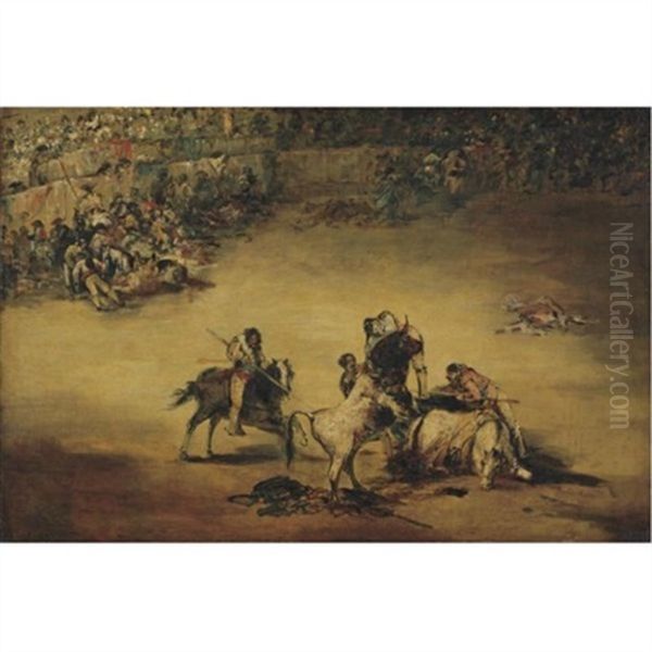 A Bullfight Oil Painting by Eugenio Lucas Velazquez