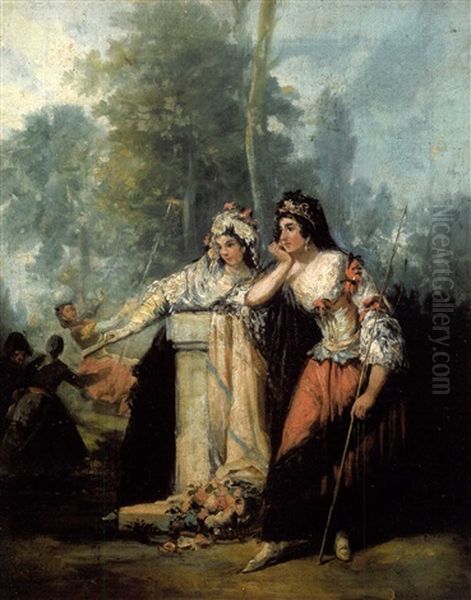 Dos Majas Con Fondo De Paisaje Y Escena De Columpio Oil Painting by Eugenio Lucas Velazquez