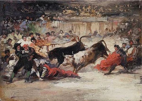 A Bullfight Oil Painting by Eugenio Lucas Velazquez