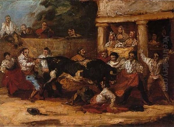 Capea De Pueblo (bullfighting In A Village) Oil Painting by Eugenio Lucas Velazquez