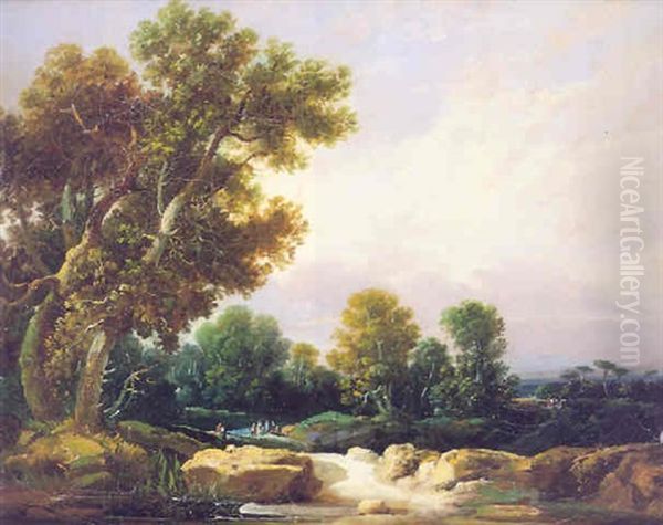 Paisaje Con Figuras Junto A Un Rio Oil Painting by Eugenio Lucas Velazquez