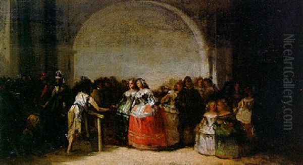 Elegant Ladies Meeting A Beggar Oil Painting by Eugenio Lucas Velazquez