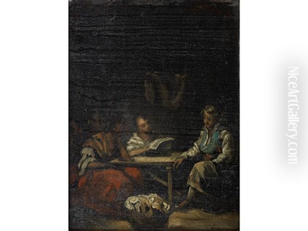 Figures In An Interior Oil Painting by Eugenio Lucas Villamil