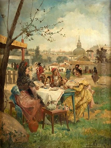 Un Dia De Fiesta En La Pradera De San Isidro Con La Ermita Al Fondo Oil Painting by Eugenio Lucas Villamil