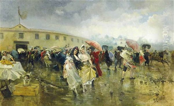 Outside The Plaza De Toros, Madrid Oil Painting by Eugenio Lucas Villamil