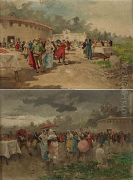 Fiestas Taurinas (+ Another; Pair) Oil Painting by Eugenio Lucas Villamil