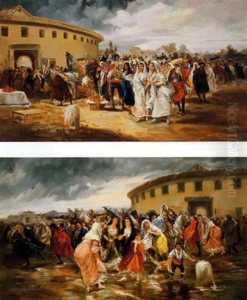 Entrada En Los Toros Con Sol (+ Salida De Los Toros Con Tormenta; Pair) Oil Painting by Eugenio Lucas Villamil