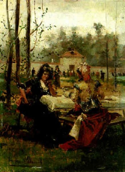 Elegant Figures Conversing At A Garden Party Oil Painting by Eugenio Lucas Villamil