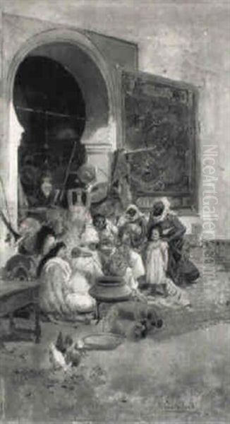 Arabs By A Bazaar Oil Painting by Eugenio Lucas Villamil