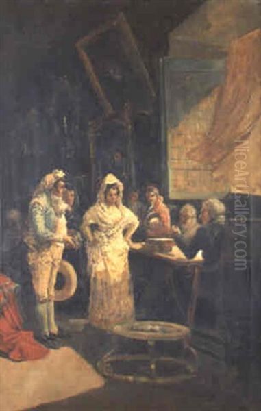 Disputa De Maja Y Goyesco Ante El Juez Oil Painting by Eugenio Lucas Villamil