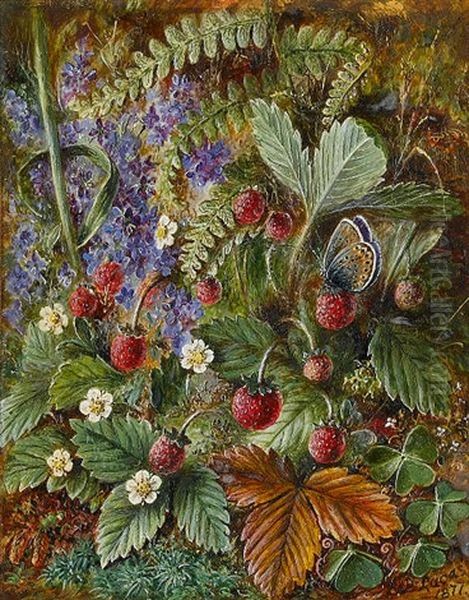 Wild Strawberries And A Butterfly, Veronica Fern And Moss Oil Painting by Albert Durer Lucas