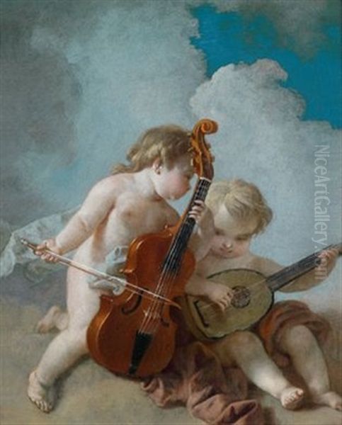 Zwei Musizierende Putti, Allegorie Der Musik Oil Painting by Auger Lucas