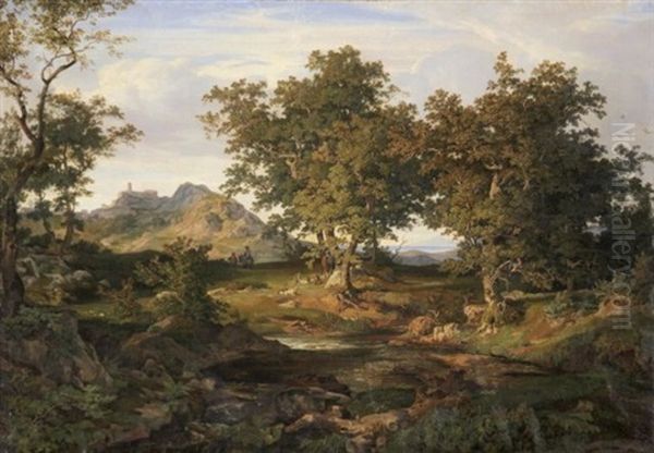 Italienische Landschaft In Kustennahe. Im Sonnenschein Ein Rastender Ziegenhirt, Im Hintergrund Ein Felsendorf Oil Painting by August Lucas