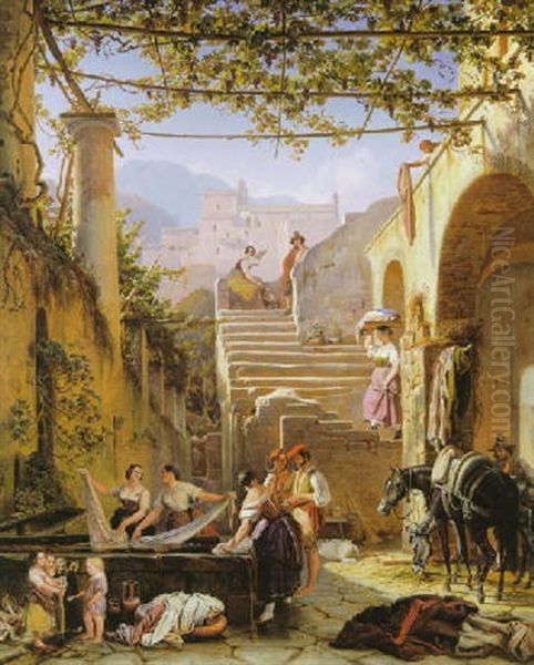 Wascherinnen Am Brunnen Von Subiaco Oil Painting by August Lucas