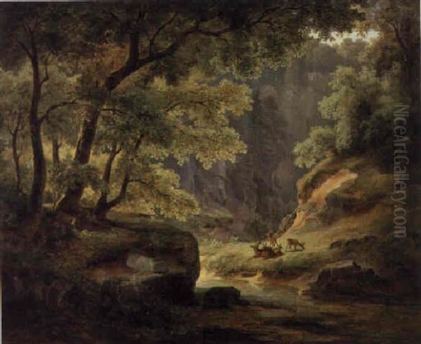 A Rocky Wooded Landscape With Deer Resting On A Bank Oil Painting by August Lucas