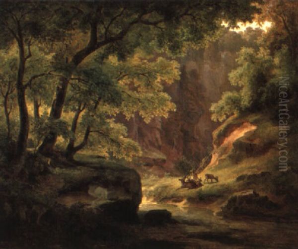 Rotwildrudel Auf Einer Waldlichtung Oil Painting by August Lucas