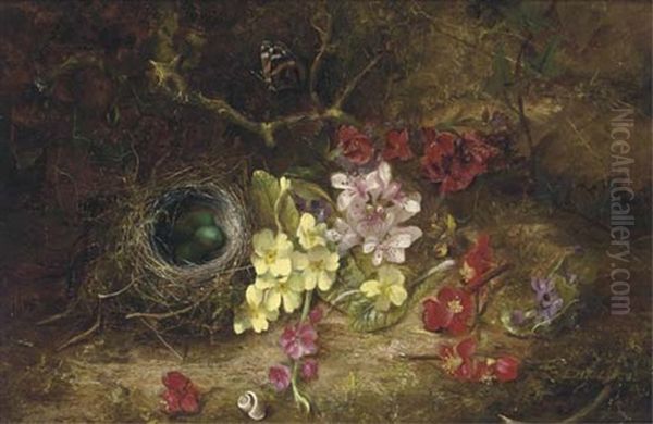 Pansies, Cherry-blossom, A Bird's Nest, And A Red Admiral Butterfly On A Mossy Bank Oil Painting by Edward George Handel Lucas