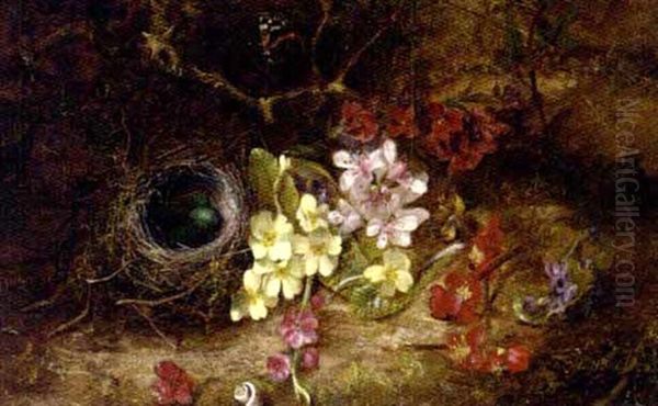 Pansies, Cherry-blossom, A Bird's Nest And A Red Admiral Butterfly On A Mossy Bank Oil Painting by Edward George Handel Lucas