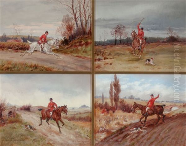 Hunting Sketches: Blood Wanted, Get Away Back There!, Bringing Up A Straggler, And The Reeds By The Old Canal (set Of 4) Oil Painting by Henry Frederick Lucas Lucas