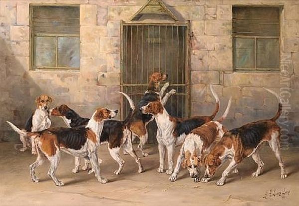 A Group Of Percy Hounds -"strangler", "finder", "rifleman", "gainer", "pluto", "doriment", "roman", "hotspur", "ren Oil Painting by Henry Frederick Lucas Lucas