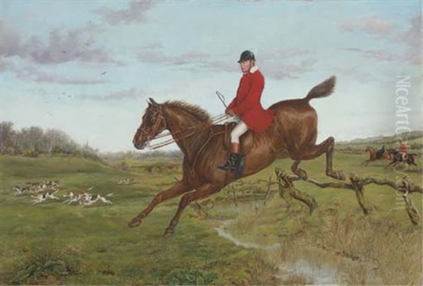 George Castleman On His Hunter "carlist", Jumping A Fence, With Hounds Of The Atherstone Hunt, "traitor", "purser" And "somerset" In The Distance by Henry Frederick Lucas Lucas