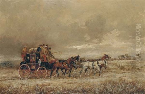 The London To Oxford Mail Coach On A Winter Day Oil Painting by Henry Frederick Lucas Lucas