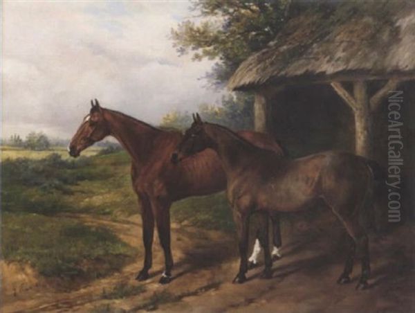 A Chestnut And A Bay Mare Outside A Thatched Stable Oil Painting by Henry Frederick Lucas Lucas