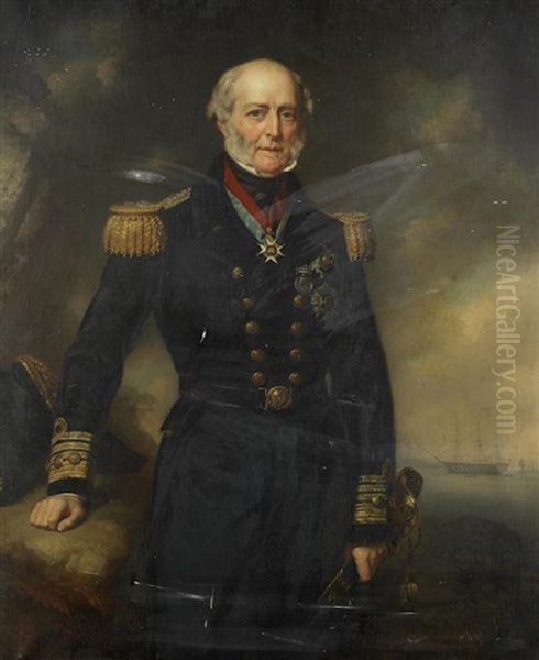 Portrait Of Admiral Sir George Seymour, Three-quarter-length, Standing Wearing Uniform, His Ship Beyond Oil Painting by John Lindsay Lucas