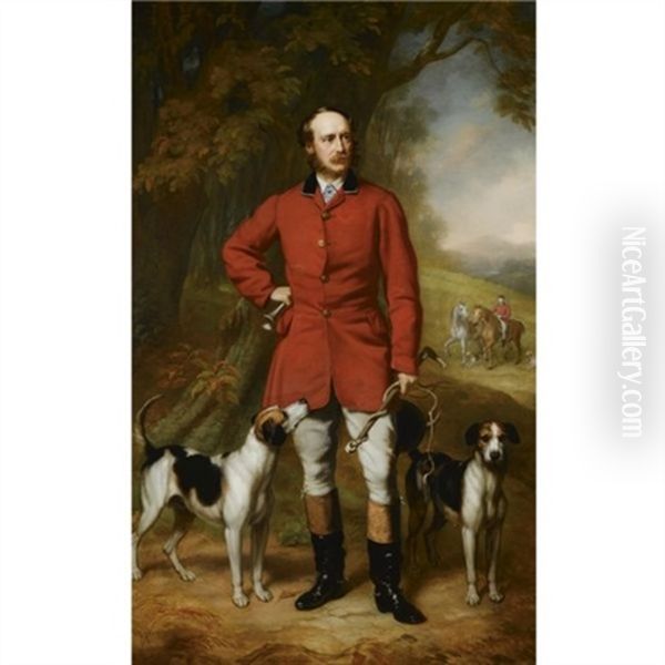 Portrait Of A Huntsman And His Hounds In A Landscape Oil Painting by John Lindsay Lucas