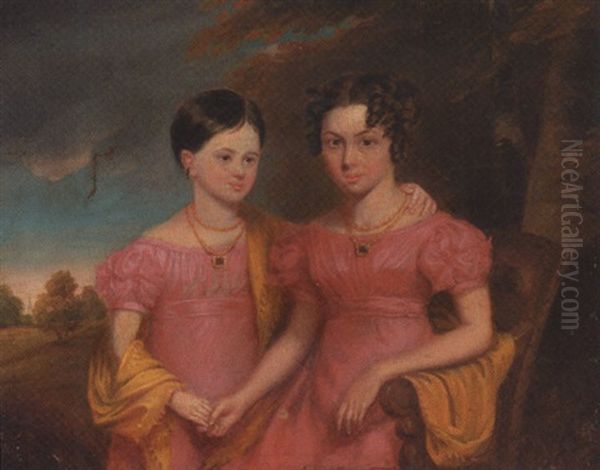 Portrait Of Two Sisters In Pink Dresses And Yellow Shawls, Seated On A Wooded Bench, In A Landscape Oil Painting by John Lindsay Lucas