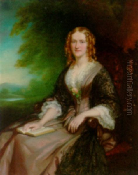 Portrait Of Mrs. Acton Tindal In A Pink Dress With A Black Lace Shawl Oil Painting by John Lindsay Lucas